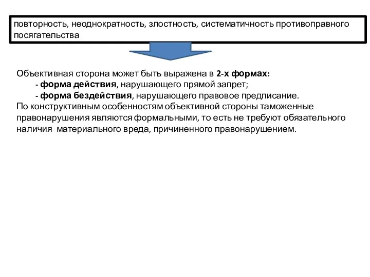 повторность, неоднократность, злостность, систематичность противоправного посягательства Объективная сторона может быть