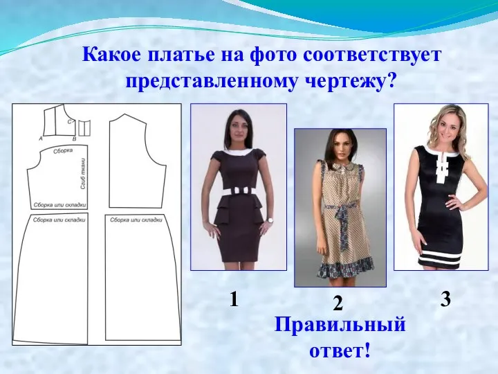 Какое платье на фото соответствует представленному чертежу? 1 2 3 Правильный ответ!