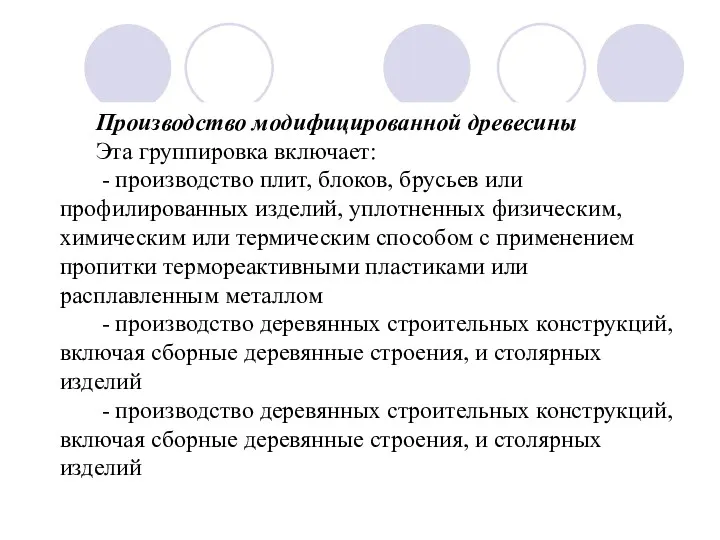 Производство модифицированной древесины Эта группировка включает: - производство плит, блоков,