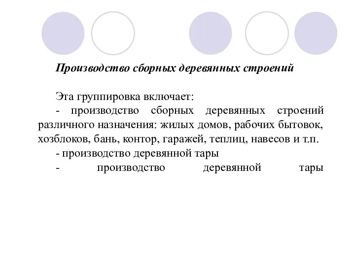 Производство сборных деревянных строений Эта группировка включает: - производство сборных