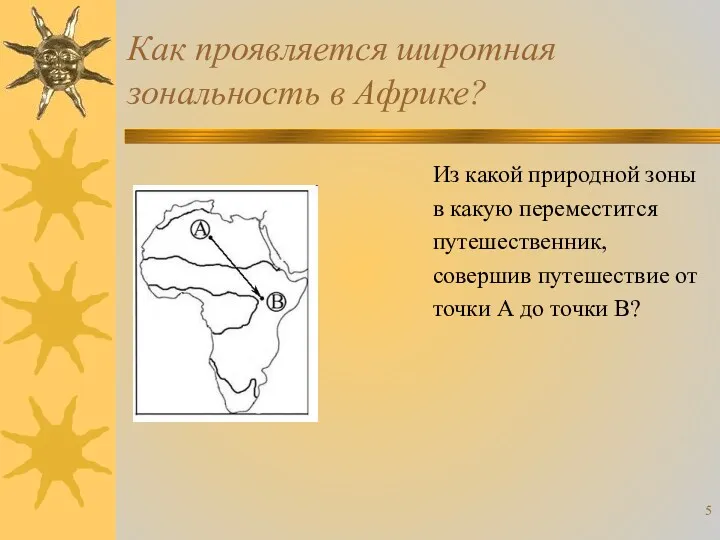 Как проявляется широтная зональность в Африке? Из какой природной зоны