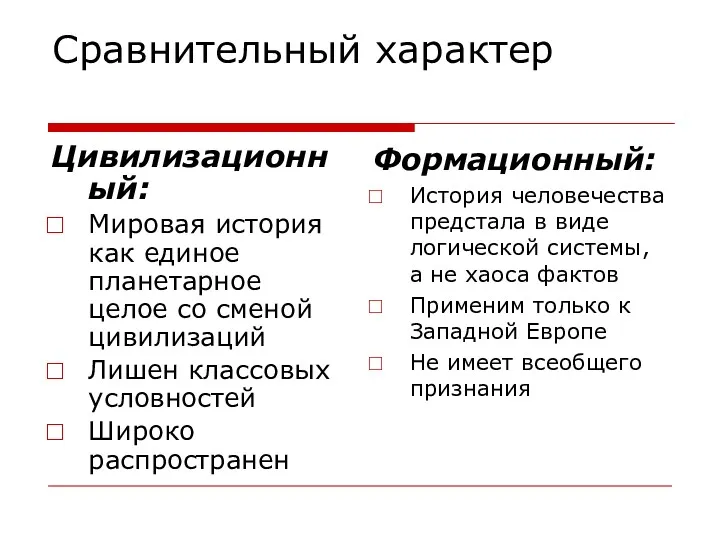 Сравнительный характер Цивилизационный: Мировая история как единое планетарное целое со