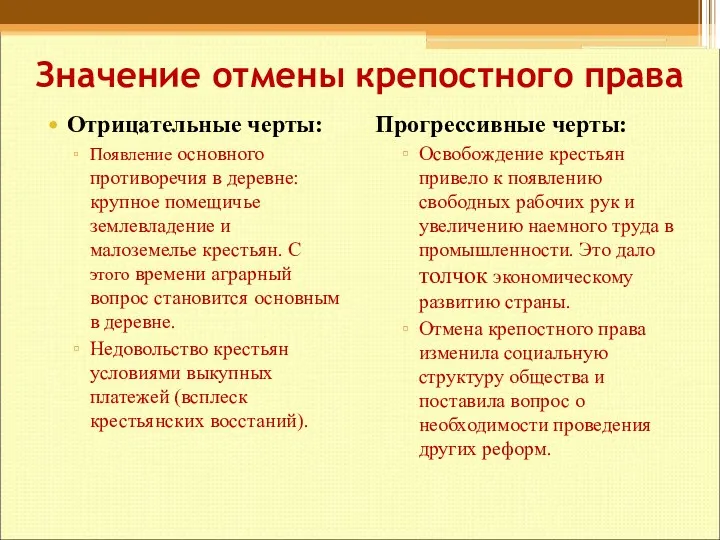 Значение отмены крепостного права Отрицательные черты: Появление основного противоречия в