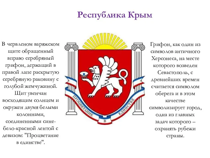 Республика Крым В червленом варяжском щите обращенный вправо серебряный грифон,