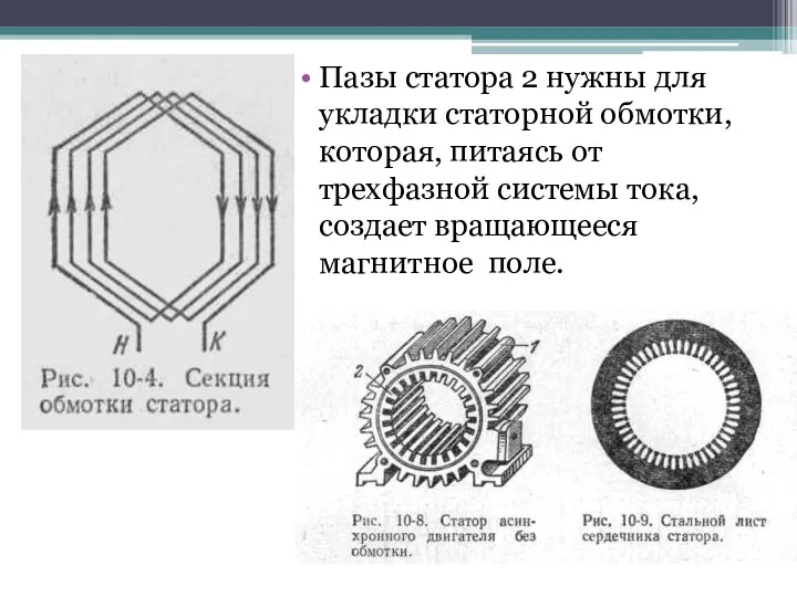 Пазы статора 2 нужны для укладки статорной обмотки, которая, питаясь от трехфазной системы