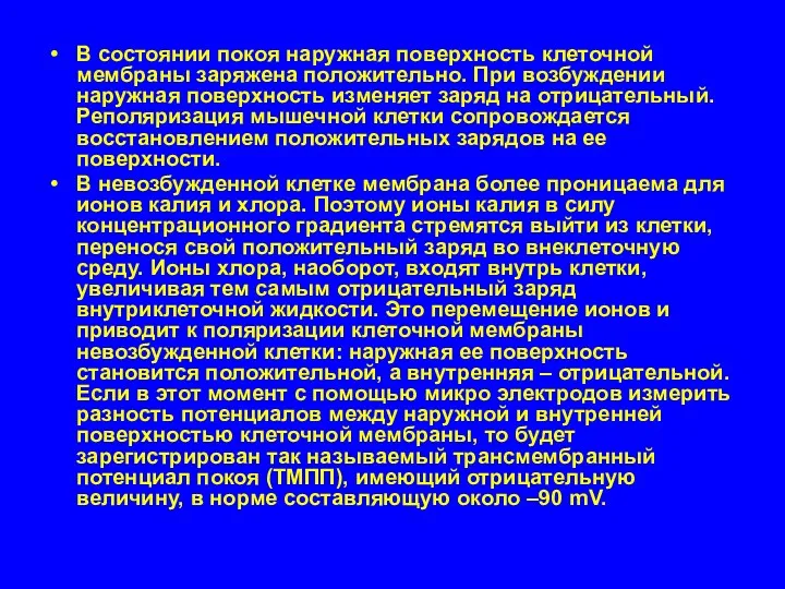 В состоянии покоя наружная поверхность клеточной мембраны заряжена положительно. При возбуждении наружная поверхность