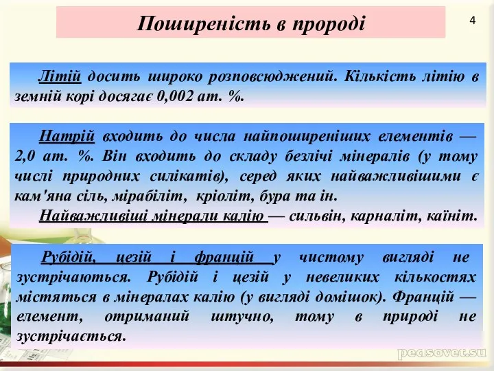 Поширеність в пророді 4 Літій досить широко розповсюджений. Кількість літію