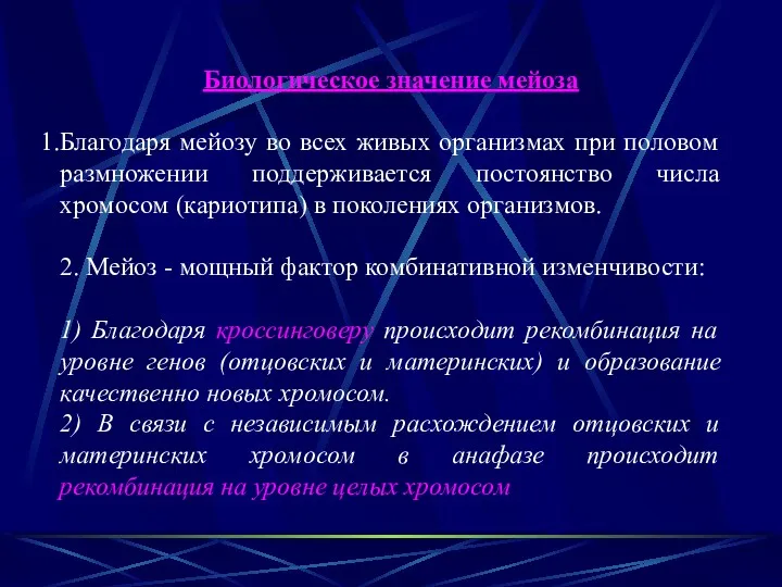 Биологическое значение мейоза Благодаря мейозу во всех живых организмах при