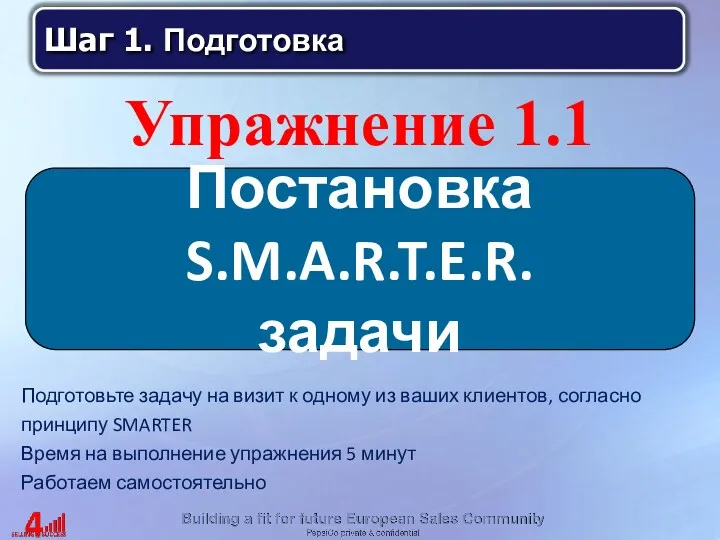 Постановка S.M.A.R.T.E.R. задачи Упражнение 1.1 Подготовьте задачу на визит к