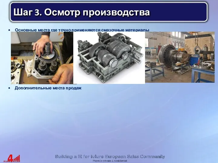 Основные места где точно применяются смазочные материалы Дополнительные места продаж Шаг 3. Осмотр производства