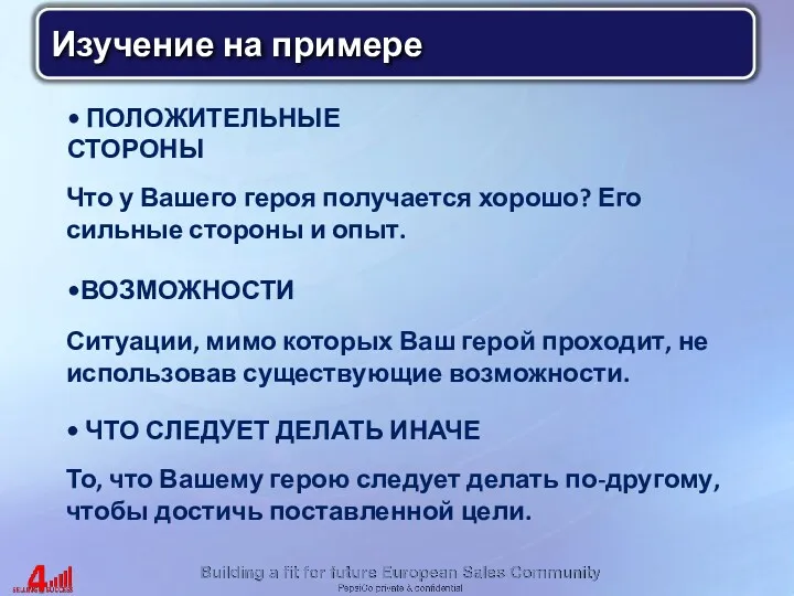 ПОЛОЖИТЕЛЬНЫЕ СТОРОНЫ Изучение на примере ВОЗМОЖНОСТИ Что у Вашего героя