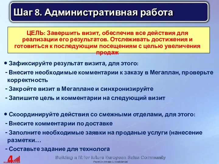 ЦЕЛЬ: Завершить визит, обеспечив все действия для реализации его результатов.