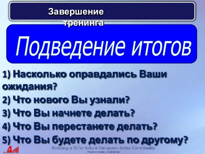 Подведение итогов 1) Насколько оправдались Ваши ожидания? 2) Что нового