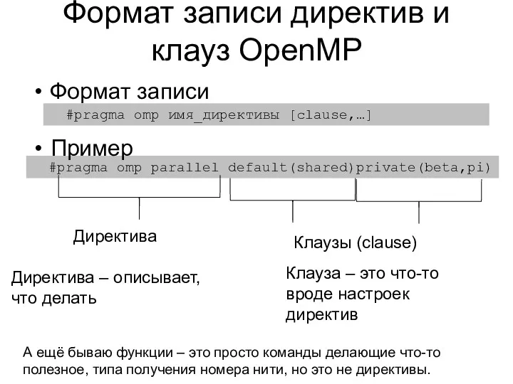 Формат записи директив и клауз OpenMP #pragma omp имя_директивы [clause,…]