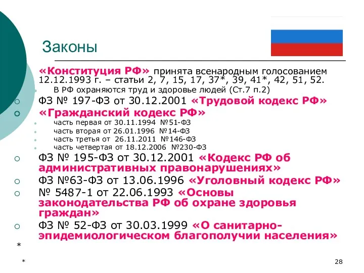 * Законы «Конституция РФ» принята всенародным голосованием 12.12.1993 г. –