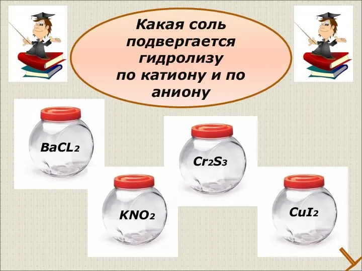 Какая соль подвергается гидролизу по катиону и по аниону ВаCL2 KNO2 Cr2S3 CuI2