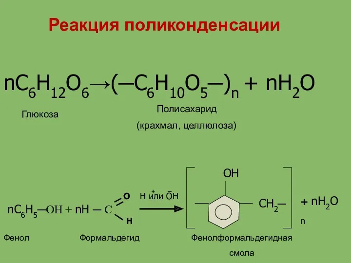 Реакция поликонденсации nC6H12O6→(─C6H10O5─)n + nH2O Глюкоза Полисахарид (крахмал, целлюлоза) nC6H5─OH