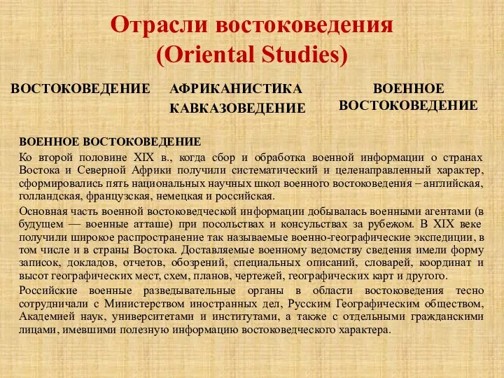 Отрасли востоковедения (Oriental Studies) ВОСТОКОВЕДЕНИЕ ВОЕННОЕ ВОСТОКОВЕДЕНИЕ АФРИКАНИСТИКА КАВКАЗОВЕДЕНИЕ ВОЕННОЕ