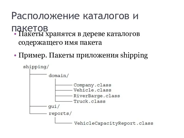 Расположение каталогов и пакетов Пакеты хранятся в дереве каталогов содержащего имя пакета Пример. Пакеты приложения shipping