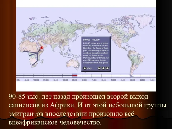 90-85 тыс. лет назад произошел второй выход сапиенсов из Африки.