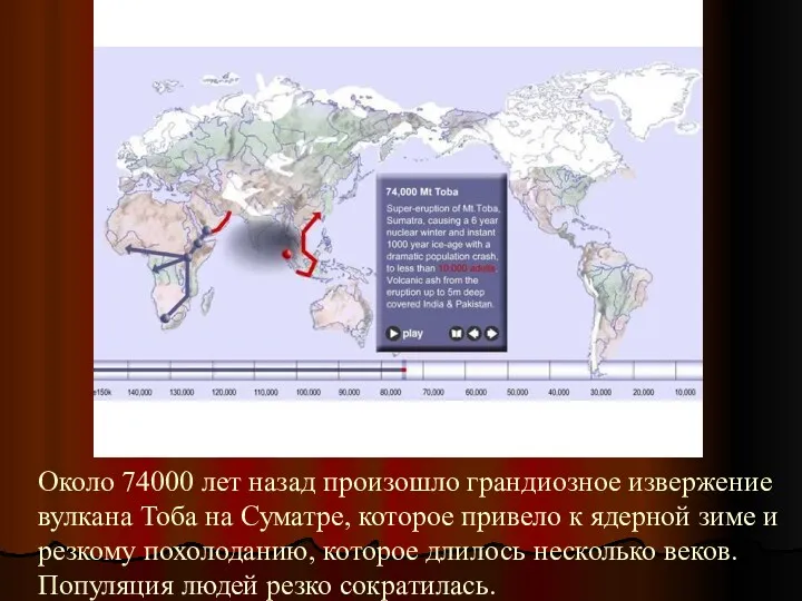 Около 74000 лет назад произошло грандиозное извержение вулкана Тоба на