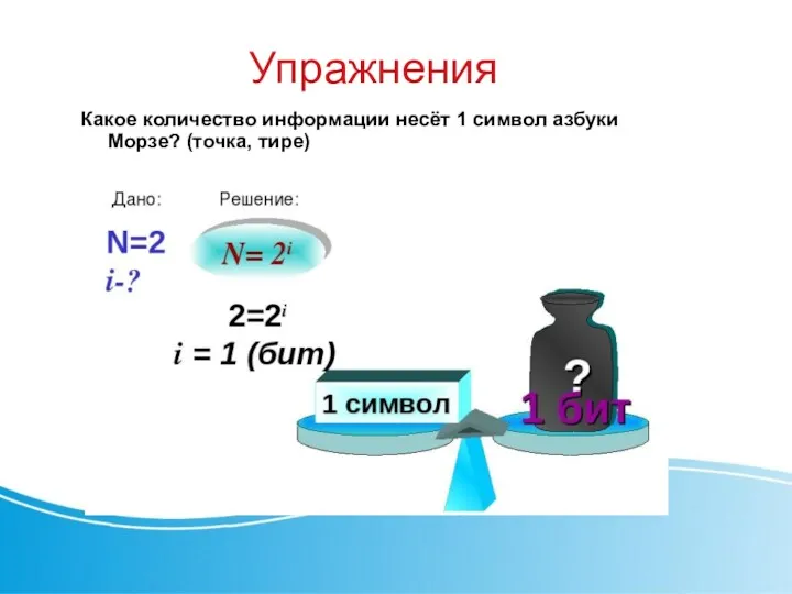 Упражнения Какое количество информации несёт 1 символ азбуки Морзе? (точка, тире)