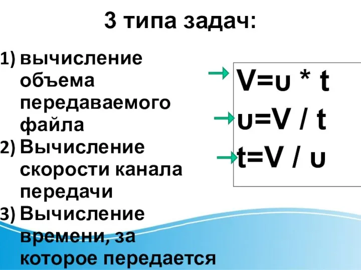 3 типа задач: V=υ * t υ=V / t t=V / υ вычисление