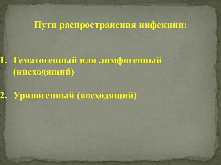 Пути распространения инфекции: Гематогенный или лимфогенный (нисходящий) Уриногенный (восходящий)