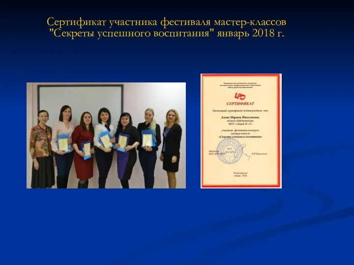 Сертификат участника фестиваля мастер-классов "Секреты успешного воспитания" январь 2018 г.