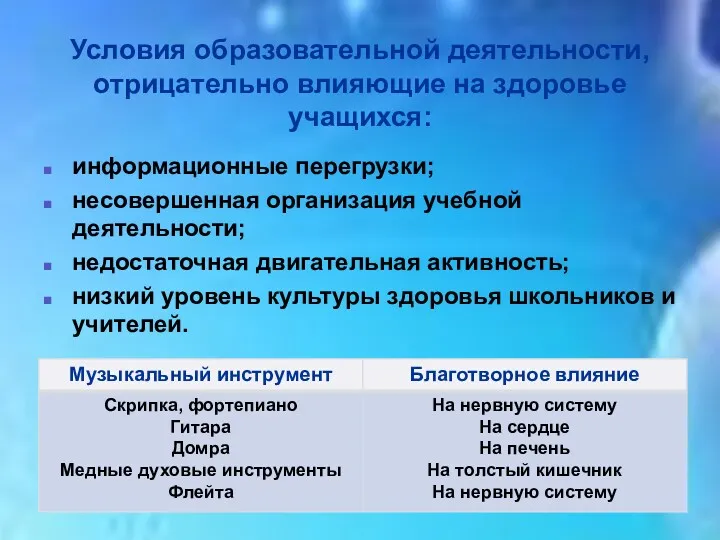 Условия образовательной деятельности, отрицательно влияющие на здоровье учащихся: информационные перегрузки;