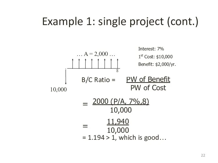 Example 1: single project (cont.) B/C Ratio = = 1.194