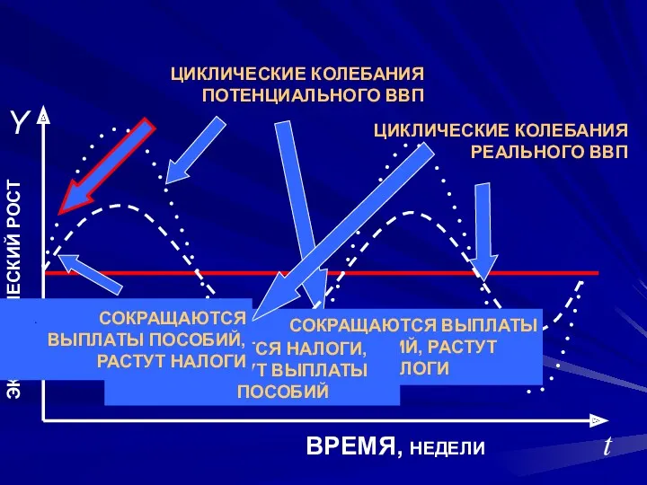 ЦИКЛИЧЕСКИЕ КОЛЕБАНИЯ ПОТЕНЦИАЛЬНОГО ВВП ЦИКЛИЧЕСКИЕ КОЛЕБАНИЯ РЕАЛЬНОГО ВВП СОКРАЩАЮТСЯ ВЫПЛАТЫ