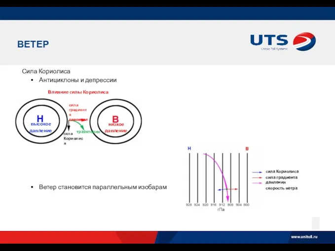 ВЕТЕР Сила Кориолиса Антициклоны и депрессии Ветер становится параллельным изобарам