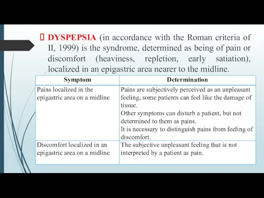 DYSPEPSIA (in accordance with the Roman criteria of II, 1999)