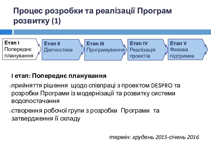 I етап: Попереднє планування прийняття рішення щодо співпраці з проектом DESPRO та розробки