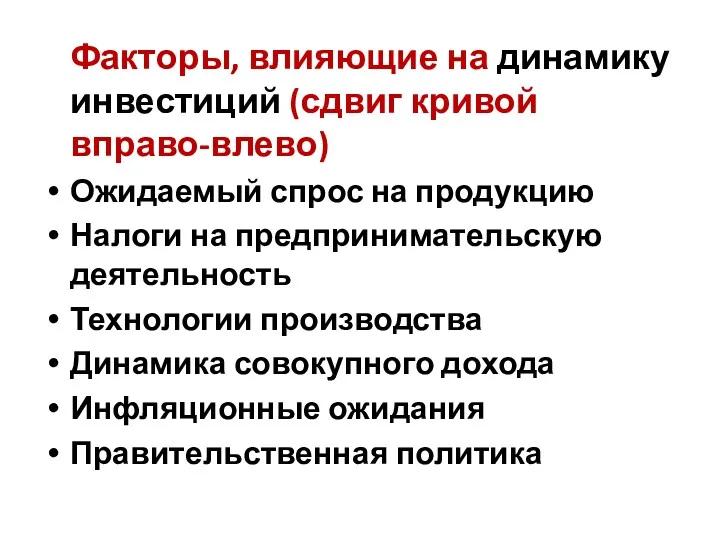 Факторы, влияющие на динамику инвестиций (сдвиг кривой вправо-влево) Ожидаемый спрос на продукцию Налоги