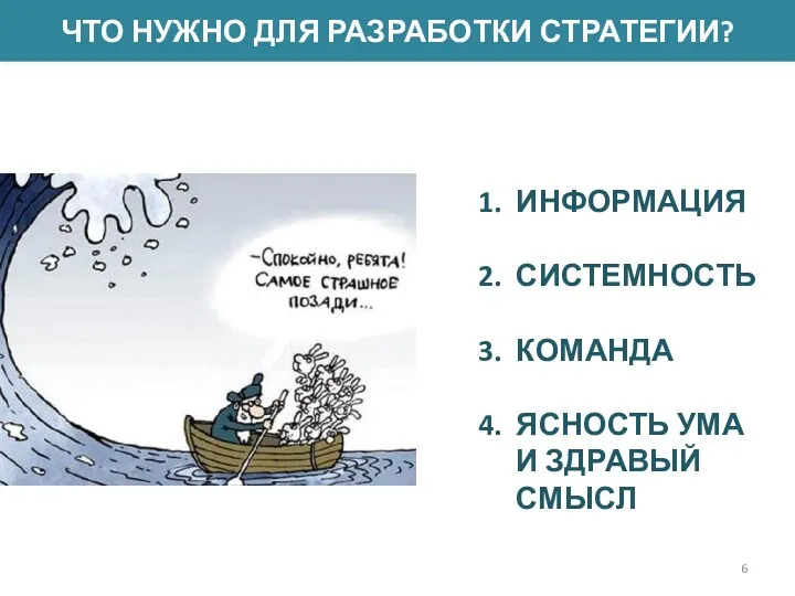 ЧТО НУЖНО ДЛЯ РАЗРАБОТКИ СТРАТЕГИИ? ИНФОРМАЦИЯ СИСТЕМНОСТЬ КОМАНДА ЯСНОСТЬ УМА И ЗДРАВЫЙ СМЫСЛ