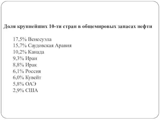 Доля крупнейших 10-ти стран в общемировых запасах нефти 17,5% Венесуэла