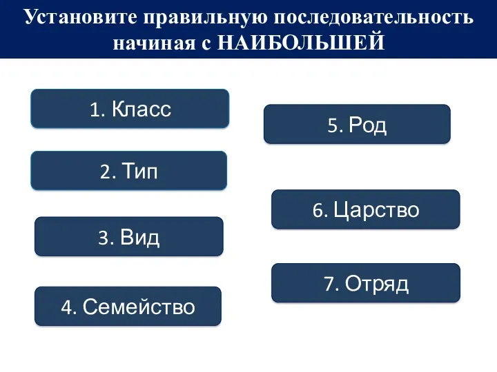 5. Род 6. Царство 2. Тип 3. Вид 7. Отряд