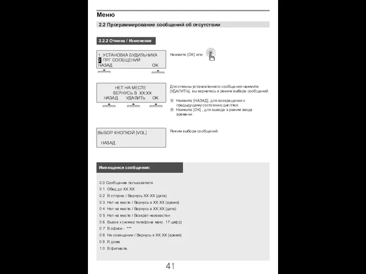 2.2 Программирование сообщений об отсутствии 2.2.2 Отмена / Изменение Режим