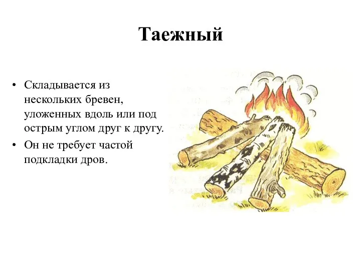 Таежный Складывается из нескольких бревен, уложенных вдоль или под острым углом друг к