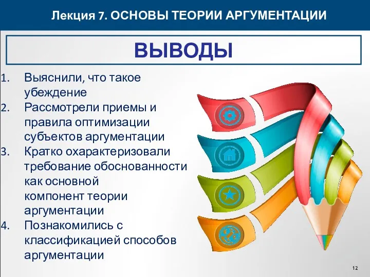 Лекция 7. ОСНОВЫ ТЕОРИИ АРГУМЕНТАЦИИ ВЫВОДЫ Выяснили, что такое убеждение