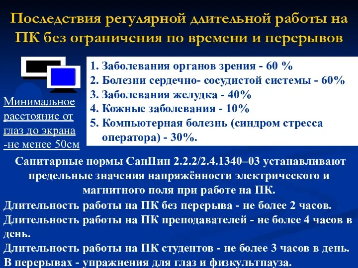 Последствия регулярной длительной работы на ПК без ограничения по времени и перерывов 1.