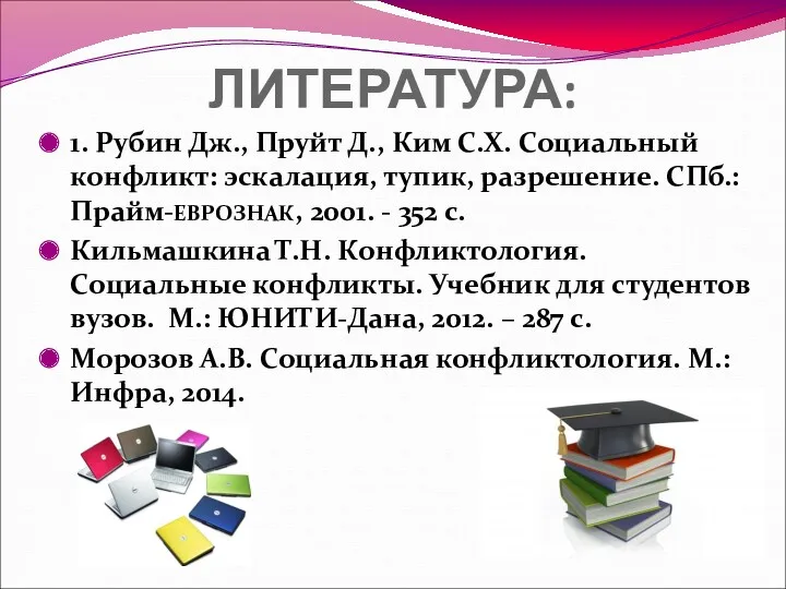 ЛИТЕРАТУРА: 1. Рубин Дж., Пруйт Д., Ким С.Х. Социальный конфликт: