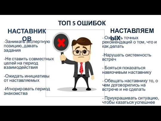 ТОП 5 ОШИБОК -Занимать экспертную позицию, давать задания -Не ставить