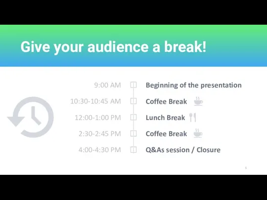Give your audience a break! Beginning of the presentation Coffee