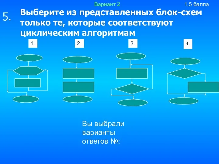 Выберите из представленных блок-схем только те, которые соответствуют циклическим алгоритмам