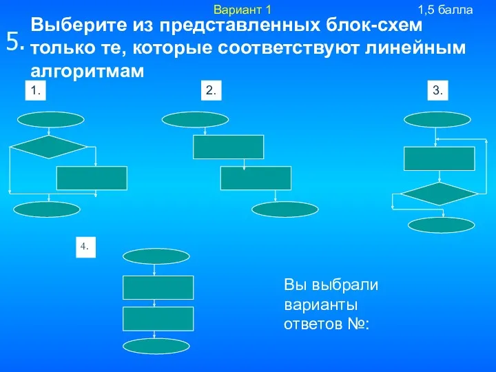 Выберите из представленных блок-схем только те, которые соответствуют линейным алгоритмам