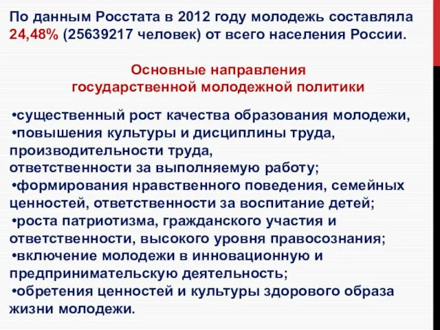 По данным Росстата в 2012 году молодежь составляла 24,48% (25639217