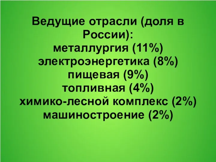 Ведущие отрасли (доля в России): металлургия (11%) электроэнергетика (8%) пищевая (9%) топливная (4%)